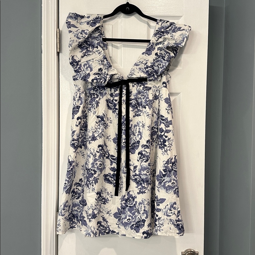 Floral Ruffle Dress with Black Tie